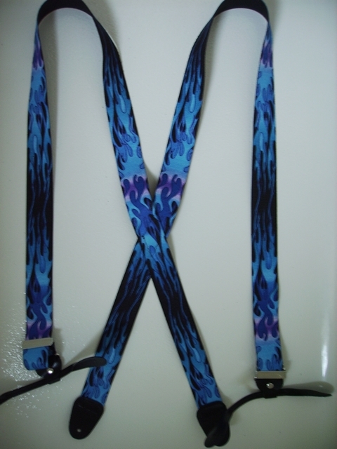 BUTTON-ON FLAMES BLUE ON BLACK Suspenders 1 1/2 inches wide and 48 inches long UB120N48FLBL